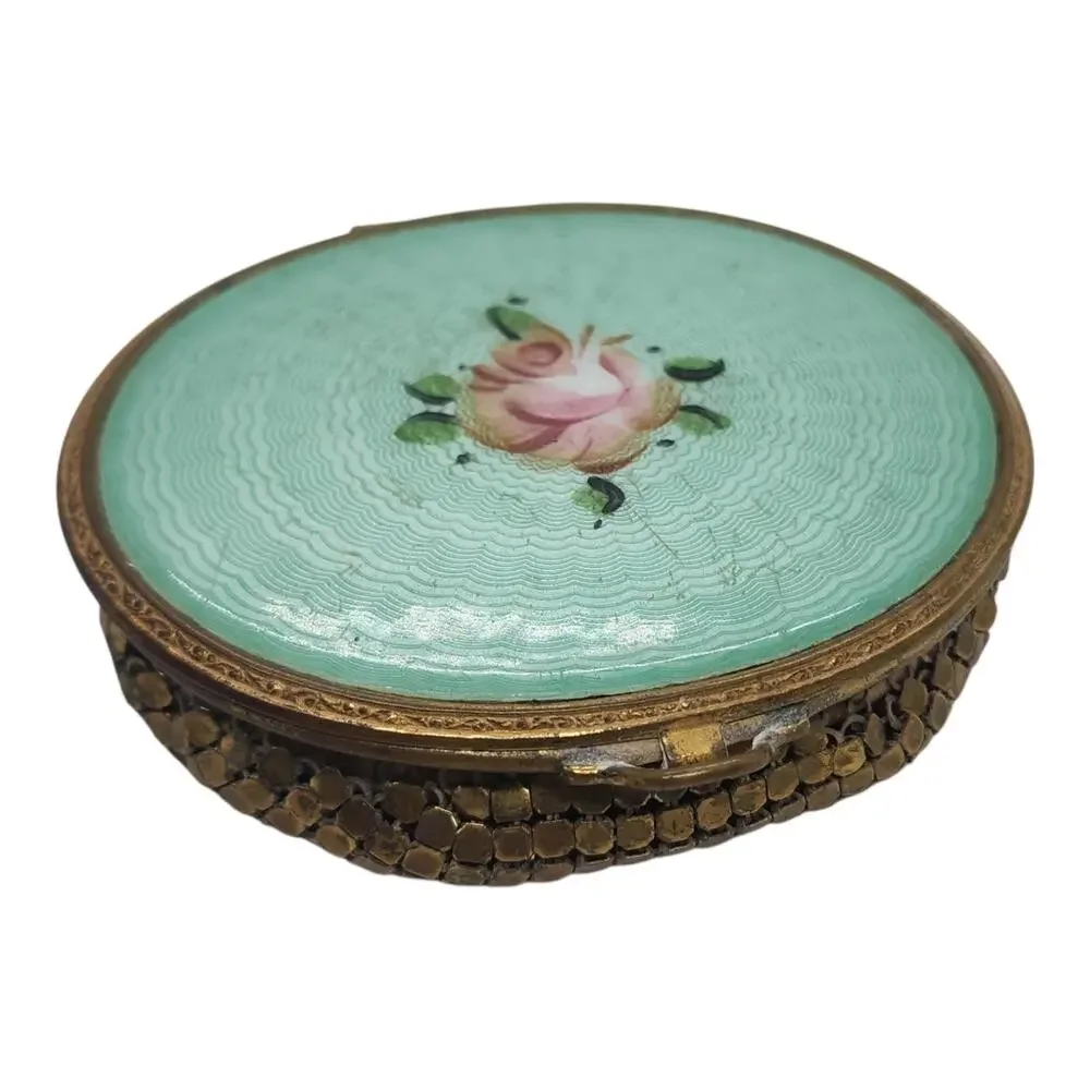 Vintage Guilloche Enamel Rose Powder Compact Blue Mesh Bottom Mirror Puff Case